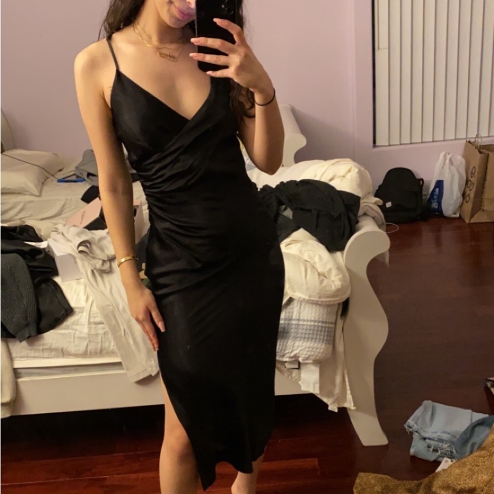 Black Satin Slip Dress With Slit